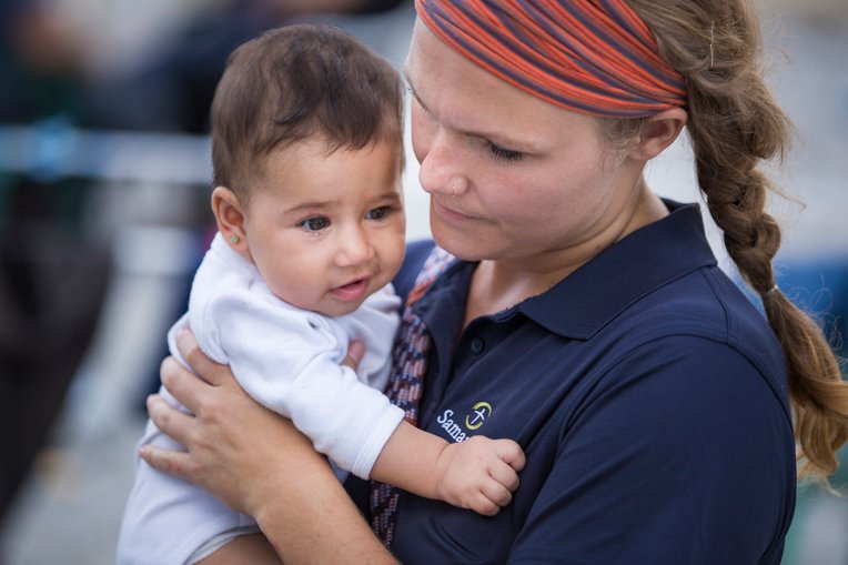 Ibraheem’s youngest daughter, Rana, is only 7 months old. She’ll have no memories of Syria, but Ibraheem still hopes she returns to her homeland one day. She is pictured here with Samaritan’s Purse disaster assistance response team member Hannah Hamrick.