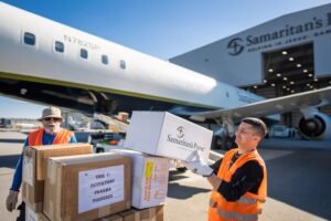 Loading humanitarian supplies to our DC-8 aircraft