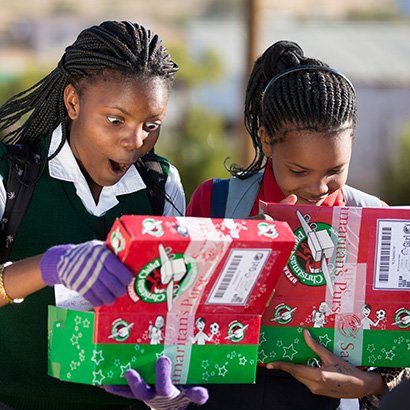 Girls in Namibia excited about shoebox gifts