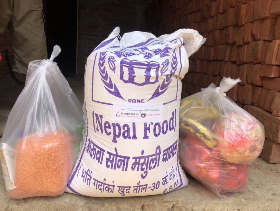 Each emergency food package delivered in Nepal contains a 30-kilogram bag of rice, as well as lentils, vegetables, fruit, cooking oil, salt, and sugar.