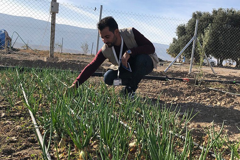 A Samaritan’s Purse staff member inspects the irrigation system we installed in Firas’ fields.