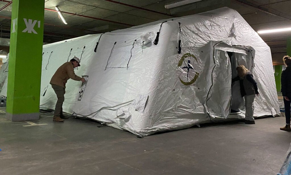 First tent is up! The Emergency Field Hospital in Ukraine is taking shape.